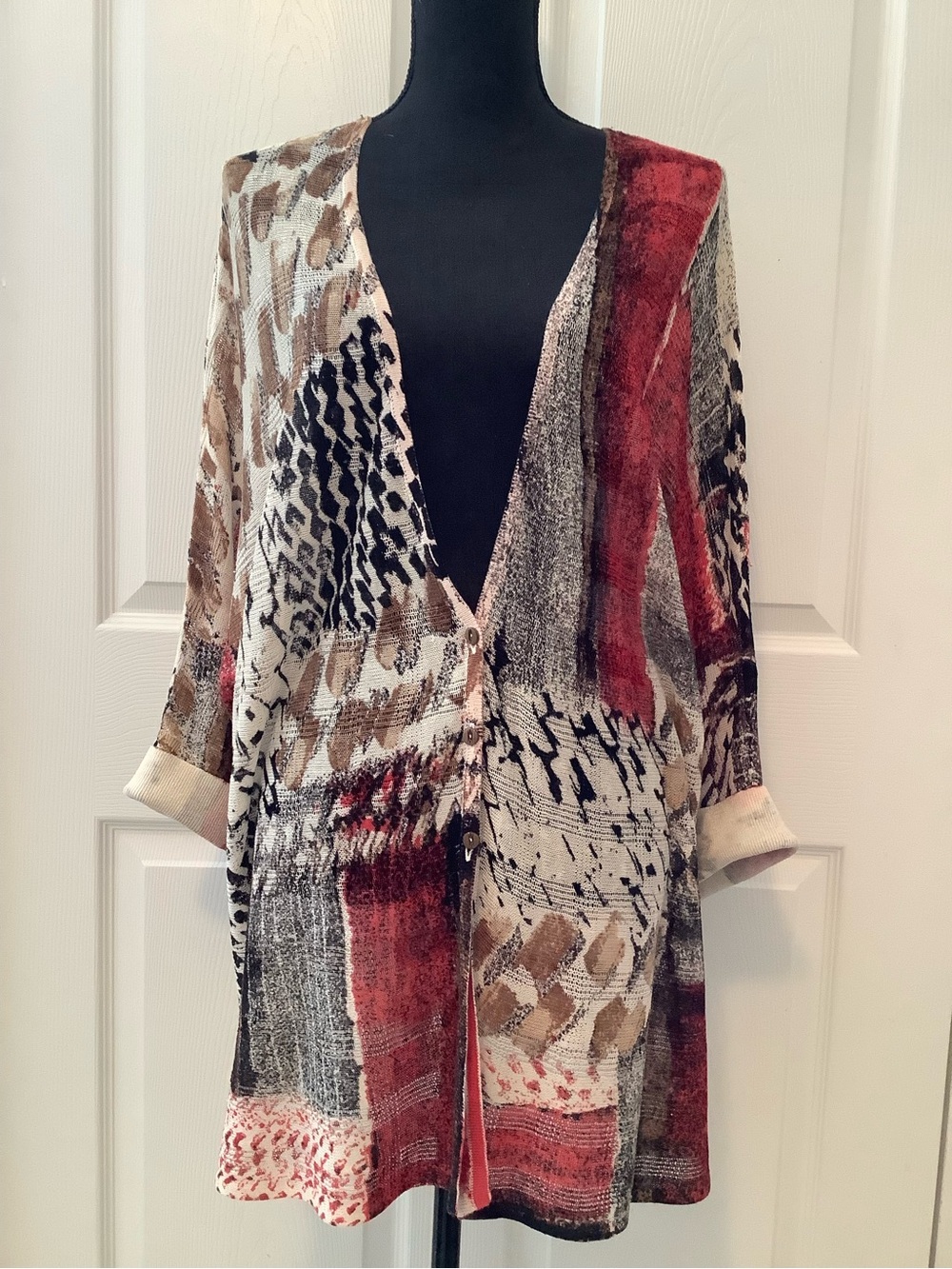 Abstract Multi-Color Long Cardigan Sweater - Red, Tan & Cream